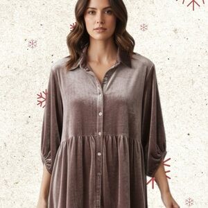 Umgee XL Velvet Button-Down Shirt in Brownish Pink